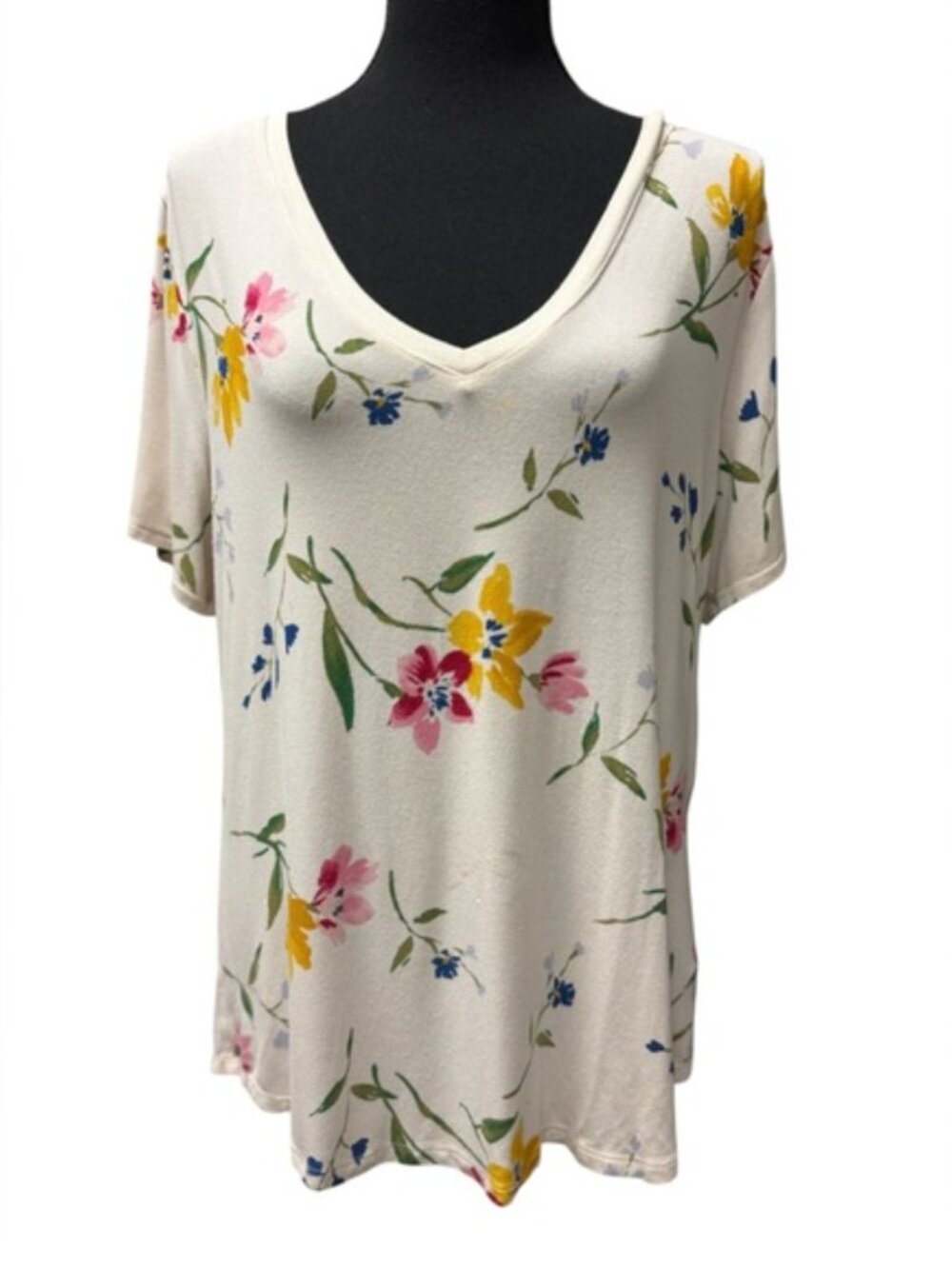 Old Navy Luxe Floral V Neck Top Large Cream Pink Yellow Blue Boho - Picture 2 of 8
